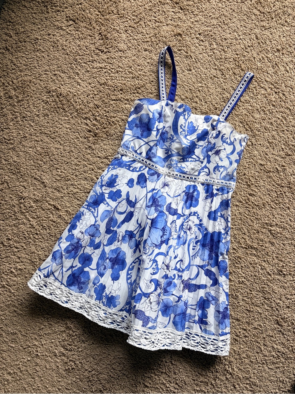 H&M Blue & White Floral Greek Motif Sundress with Lace Trim, Sz S